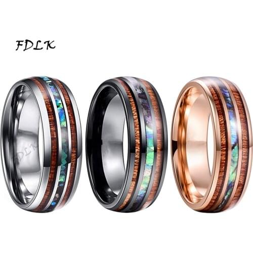 FDLK 8mm Dome Hawaiian Koa Wood Stainless Steel Rings Inlay Abalone Shell Wedding Bands for Men Women Comfort Fit Size 6-13