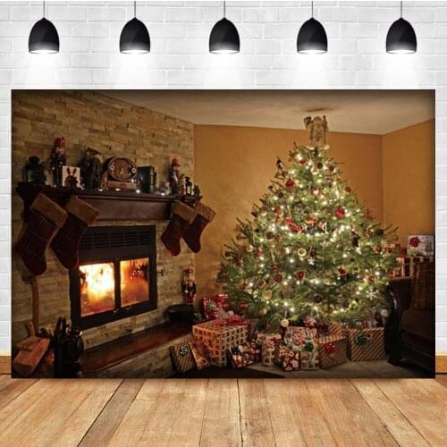 Laeacco Winter Indoor Christmas Tree Fireplace Gift Room Decor Banner Backdrop Photographic Photo Background For Photo Studio