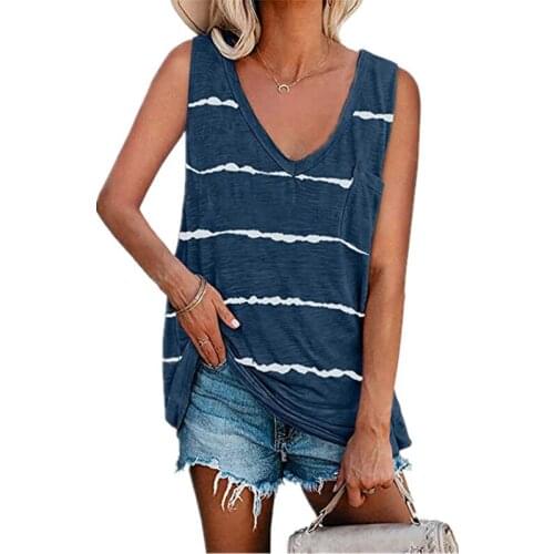 Fashion Summer Tank Tops Women Stripes Printing Sleeveless Vest Top Female V Neck Casual Loose Tank Vest Tops Ladies New Sun Top