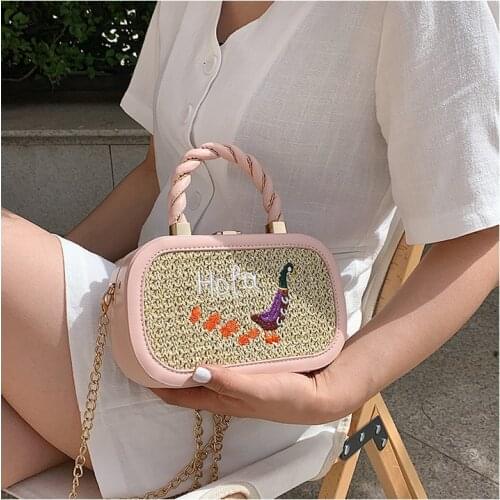 Fashion Straw Stitching Women Handbags Embroidered Pattern Casual Chain Shoulder Bags Party Clutch Female Crossbody Bags Purses