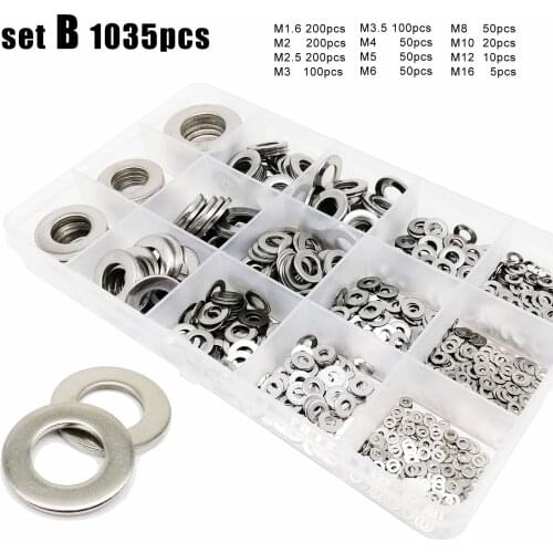 Total 555/1035pcs M1.6 M2 M2.5 M3 M3.5 M4 M5 M6 M8 M10 M12 M16 304 Stainless Steel Flat Washer Set Plain Gasket Assortment Kit