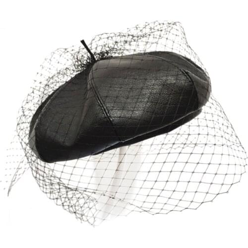 Fascinating Black Hat Chic Leather French Beret With Veil Mesh Show Double Layer Women Beret Beanies Cap