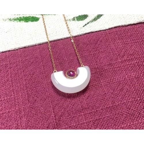 18K gold inlaid and white white jade buckle necklace pendantJ05