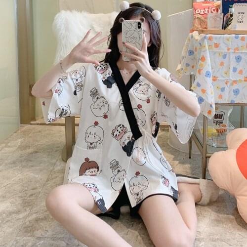 Pajamas For Women Japanese Kimono Pyjamas Lovely Cartoon Girl Cotton Short Sleeve Yukata Homesuit Harajuku Anime Pijama Party