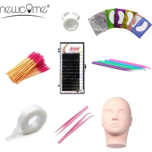 NEWCOME Professional Individual Eyelash Extension Training Kit Practice Mannequin Head Set False Eyelash Grafting Makeup Tools