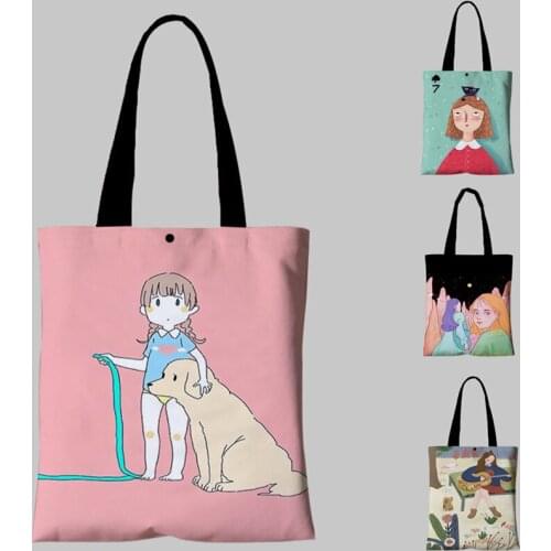 Exclusive Custom Canvas Print Girl With Dog Princess Bags For Women Large Capacity Reusable Eco Casual Shoulder Bag-08