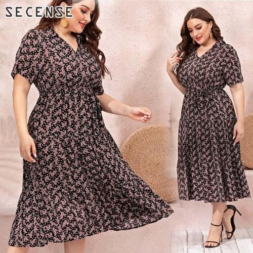 S1SENSE Floral Print Large Size Dress Lady V Neck Elastic Waist Plus Size Bohemia Loose Casual Dresses For Women 4XL