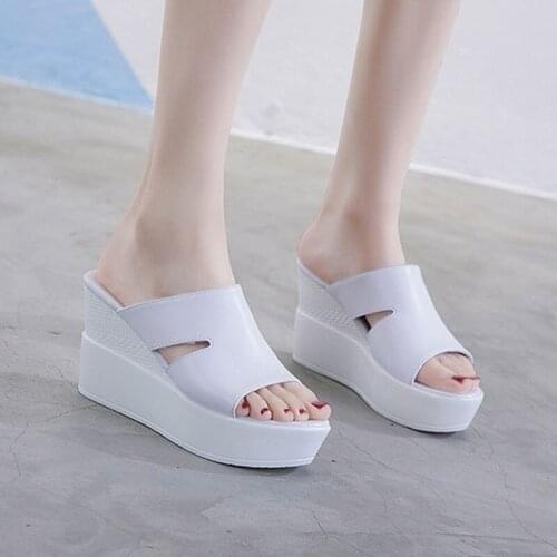 Women High Heels Slippers Summer Shoes 2019 Casual Leather Female Shoe Woman Beach Slippers Summer Platform Shoes Outside Slides