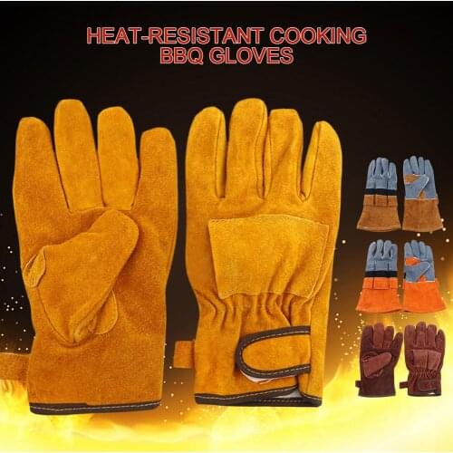 Cowhide Heat-resistant BBQ Gloves Outdoor Flame-retardant Insulation Cooking Picnic Barbecue Gloves Protective Anti-Scald Gloves
