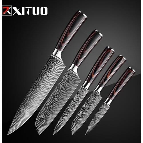 XITUO 5PCS Messenset Pakka Kitchen Knives Japanese Damascus Steel Pattern Chef Knife Santoku Paring Santoku Slicing Utility Tool