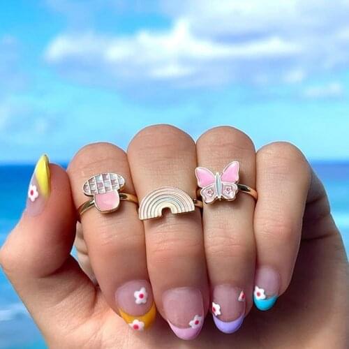 Y2K Jewelry Pink Rainbow Butterfly Mushroom Ring for Women Cute Vintage Harajuku INS Ring Charms Rings 90s Aesthetic New Gifts