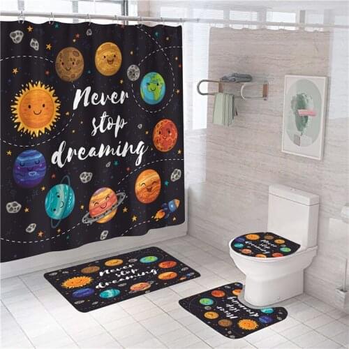 Planet Universe Shower Curtain Set Cartoon Bath Mat Set Bath Shower Curtain With Hook Anti-slip Toilet Lid Cover Bathtub Screen