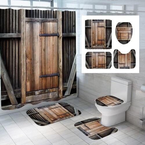 Rural Retro Waterproof Shower Curtain Bath Mat Pedestal Rug Lid Toilet Cover Bathroom 4PCS/ Set