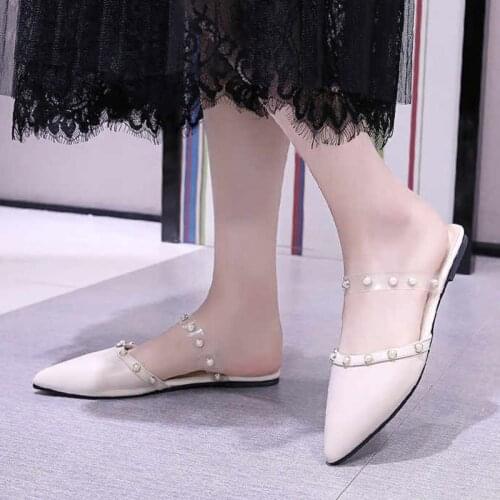 Plus Size 35-43 Summer Shoes Pointed Toe Slippers String Bead Slides Woman Pearl Flat Slipper Out Side Shoes Zapatos mujer 8121L