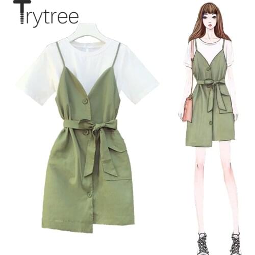 Trytree 2020 Summer Women two piece set Casual O-neck Solid Loose Tops + Sling Dress Mini Single Breasted Irregular 2 piece Set