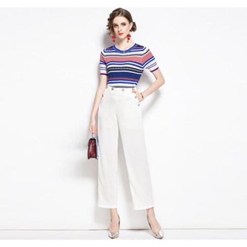 Women Office Trousers Set 2021 New Elegant Lady Striped Knitted Pullover + white Temperament Slim Pants Business Two Piece Suit