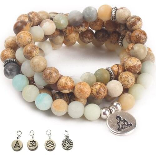 108 Mala Bead Elastic Rope Semi-Precious Stone Winding Bracelet Men and Women Charm Jewelry Present with 4 DIY Accessories