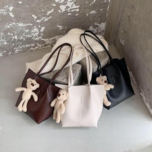 2pcs/Set Women Fashion PU Bucket Shoulder Handbag Fashion Exquisite Shopping Bag Pure Color Make Up Clutch Bags For Women 2020