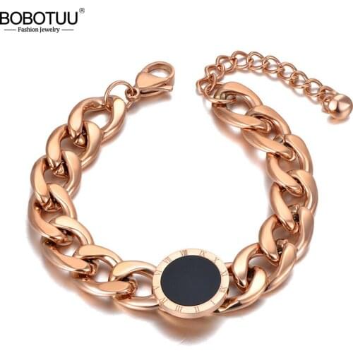 BOBOTUU Hiphop/Rock 316L Stainless Steel Big Thick Chain Bracelets For Women Roman Numerals Chain Link Bracelet Bangle BB20171