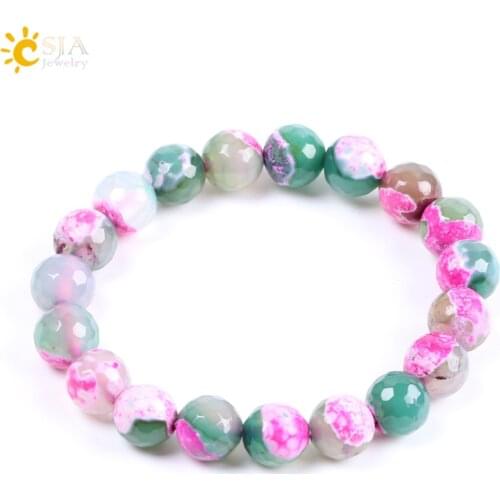 CSJA 10mm Natural Stone Onyx Beads Friendship Bracelets & Bangles for Women Girl Rose Red Green Mixed Color Chakra Jewelry F099