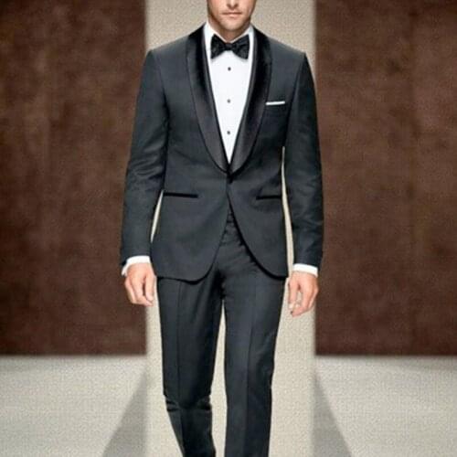 ANNIEBRITNEY Black Slim Fit Groom Wedding Tuxedo Tailor Made 2 Piece Men Suit Set Satin Shawl Lapel Skinny Prom Wedding Suit Set