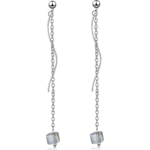 Cold wind wave long square artificial crystal personality simple silver plated earrings IR008