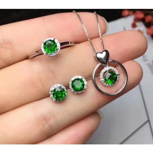 Natural tremolite suit round 5mm emeralds 925 sterling silver ring earrings for girlfriends birthday present