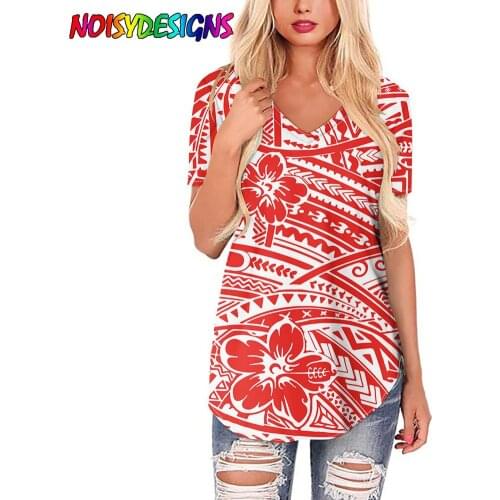 NOISYDESIGNS Elegant Women Shirt Summer Short Sleeve V-neck Shirt Pullover Plus Size Polynesian Hawaii Hibiscus Female Camiseta