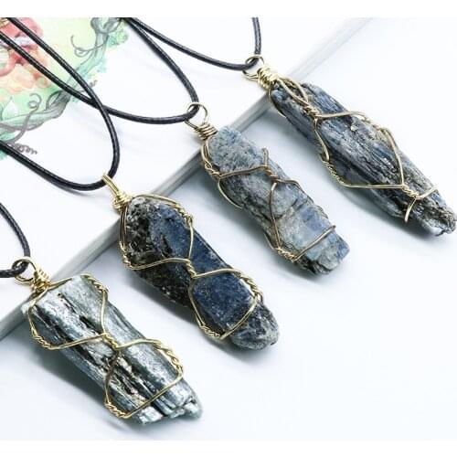 1PC Big Rock Stone Wire Wrapped Crystal Necklace Blue Quartz Pendulum Natural Kyanites Quartz Pendant Necklace Reiki Healing Men