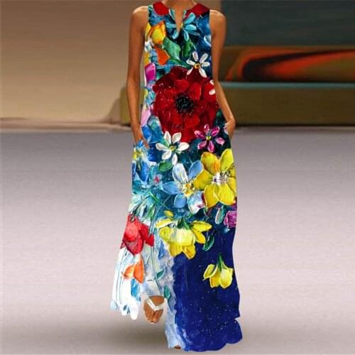 #Q4 Floral Print Long Dress Women Sleeveless V-neck Summer Maxi Dress Aesthetic Elegant Party Dresses For Women With Pockets