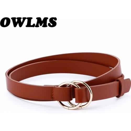 Womens Belts double buckle gold circle simple design belly thin leather belt dress knot round buckles student strap belt girl