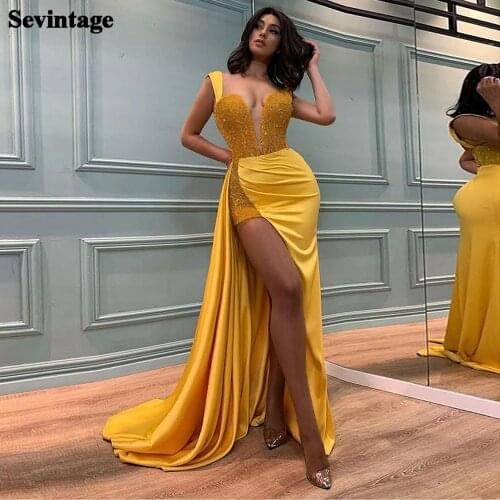 Sevintage Yellow Satin Evening Dress Mermaid Sequines Long Women Party Dresses High Slit Formal Prom Gowns 2021 Plus Size
