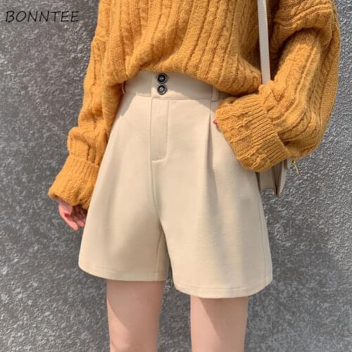 Woolen Shorts Womens Elastic High Waist Solid Wide Leg Loose Leisure Korean Style Retro A-Line Female Simple Elegant Warm Chic