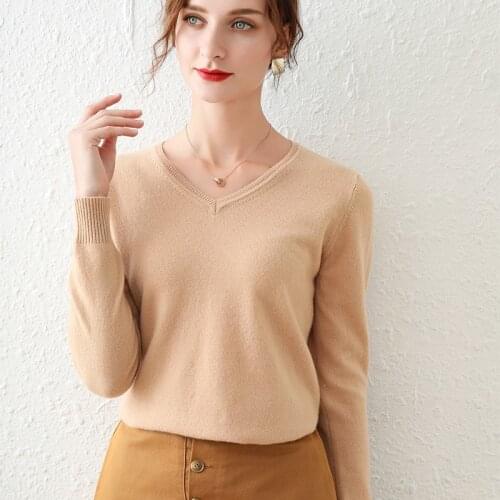Spring Autumn Women Cashmere Wool Sweater Women Fashion V-Neck Solid Color Pullover Long Sleeve Knitted Sweater Free Shipping