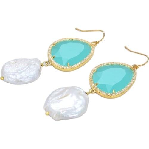 JK Natural Pearl Cultured White Keshi Pearl Green Crystal Cz Paved Hook Dangle Earrings Lady Girl Gift Jewelry For Women