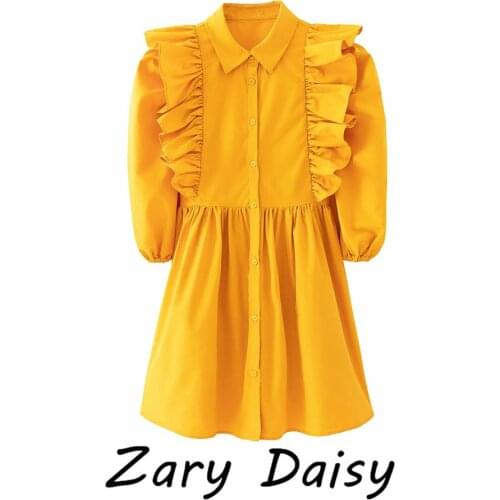 Zary Daisy lapel ruffled single-breasted playful girlish nine-sleeve dress A skirt