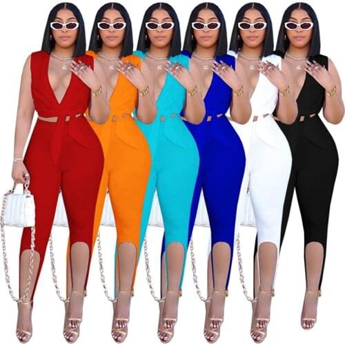 Women Set Solid Sleeveless V-neck Bandage Crop Tops Sheath Elastic Knee Length Pants 2 Piece Set Casual Outfits Summer