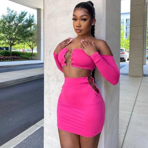 DSMTRC Long Sleeve Crop Top And Skirt Hollow Out Two Piece Outfits Baddie Pin Decoration Off Shoulder Pink Womens Co-ord Sets