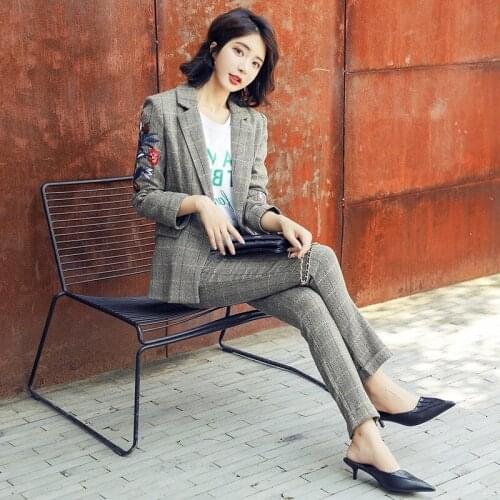 Vintage Embroidery Floral Slim Blazer Suits Women Autumn Elegant Plaid Pencil Pants Formal Jacket Office Two Pieces Set Women
