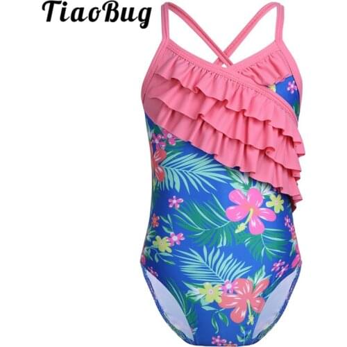 TiaoBug Children Girls One-piece Spaghetti Straps Floral Ruffle Swimsuit Swimwear Bodysuit Kids Quick Dry Bathing Suit Beachwear