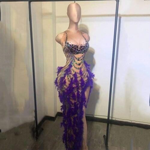 Purple Rhinestone Feather Long Dress Birthday Banquet Celebrate Dress Women Singer Stage High Slit Rhinestone Dresses DT3139