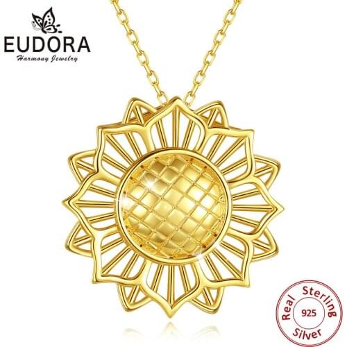 Eudora 925 Sterling Silver golden sun flower Necklace flower style Pendant with golden chain Statement Necklace for Women D533