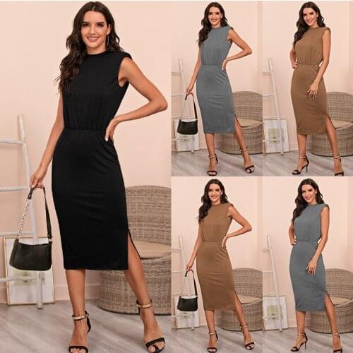 2021 Spring Summer New Womens Sexy Dresses Woman Sleeveless Padded Shoulder Split Fashion Party Solid Color O-Neck Slim Dress