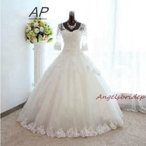 ANGELSBRIDEP Summer Style Long Sleeves Ball Gown Wedding Dress 2021 Luxury Applique Full-Length Womens Bride Dress Plus Size