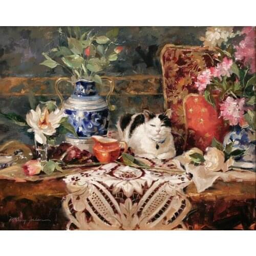 Free shipping wall art decoration picture impression flower ceramic vase cat scenery oil painting canvas prints on canvas