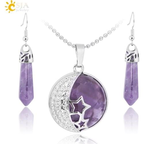CSJA Classic Love Gift Summer Beach Jewelry Set Moon Stars Natural Purple Stone Pendants Necklace Hook Dangle Drop Earring E385
