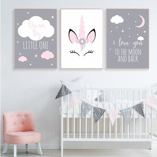 Unicorn Canvas Poster Baby Girl Nursery Quotes Wall Art Print Love You to the Moon Painting Nordic Kids Room Decoration Picture