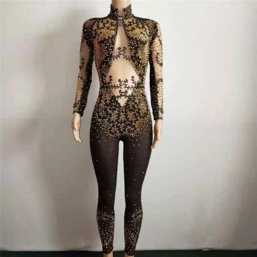 E27 Sexy gold singer bar wears elastic jumpsuit female bodysuit catwalk pole dance costumes ballroom dj outfits dress clothing