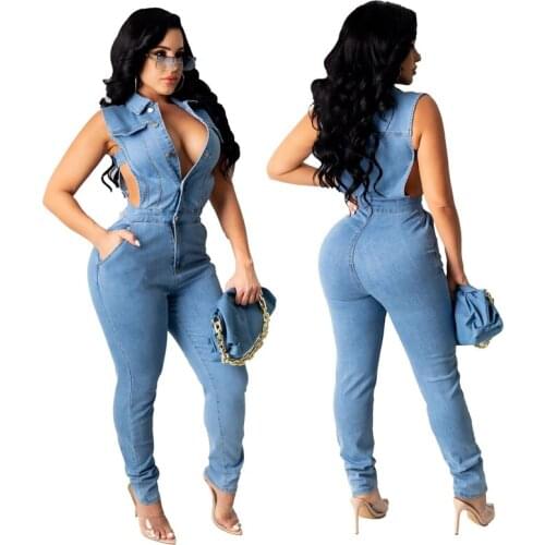 Denim Jumpsuit Women Summer Autumn Clothes Sleeveless Turn Down Collar Hollow Out Rompers Female One Piece Jeans Pants Overalls