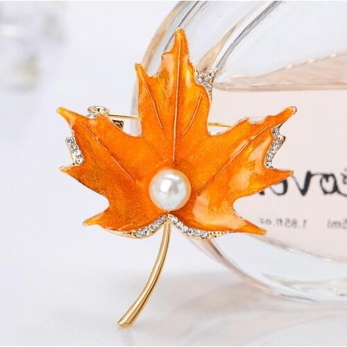 LUBOV Color Painted Maple Leaves Design Metal Brooch Pin Imitation Pearl Decoration Gold Color Brooches Pins Women Party Jewelry